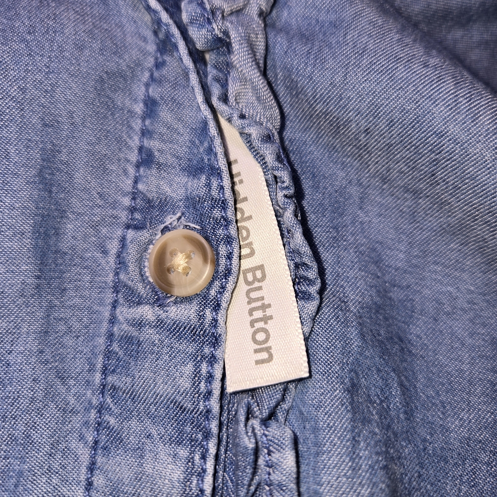 Terra & Sky NEW Ruffle Front Button Down Chambray Blouse Blue - Plus Size 3X - Picture 7 of 9
